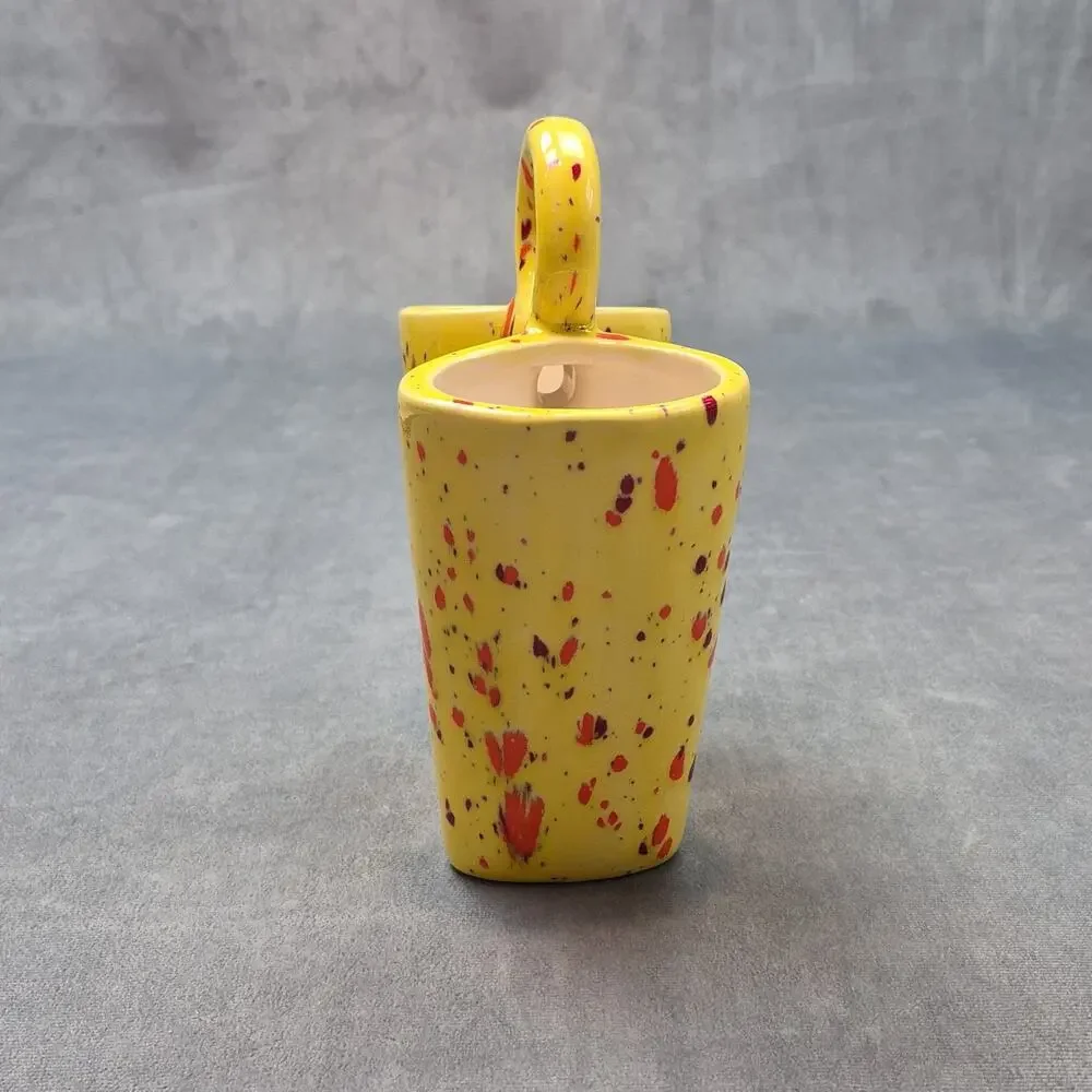 Vintage 1980s Ceramic Double Bud Vase Splatter Speckled Yellow Orange Drip Vase